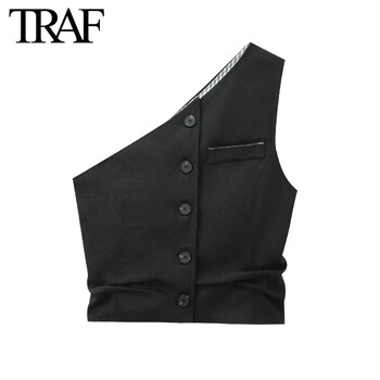 TRAF Women Fashion Summer One Shoulde Αμάνικο Ασυμμετρικό Γιλέκο Στυλ Τοπ Ψηλόμεσο Παντελόνι Πιτζάμα Πλισέ Σετ δύο τεμαχίων