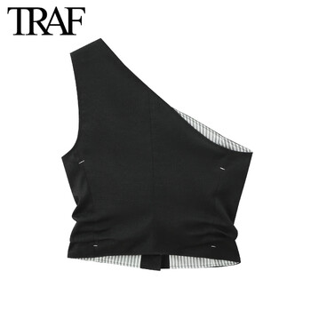 TRAF Women Fashion Summer One Shoulde Αμάνικο Ασυμμετρικό Γιλέκο Στυλ Τοπ Ψηλόμεσο Παντελόνι Πιτζάμα Πλισέ Σετ δύο τεμαχίων