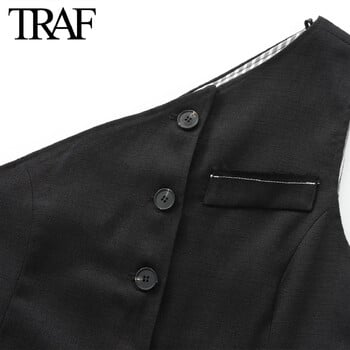 TRAF Women Fashion Summer One Shoulde Αμάνικο Ασυμμετρικό Γιλέκο Στυλ Τοπ Ψηλόμεσο Παντελόνι Πιτζάμα Πλισέ Σετ δύο τεμαχίων