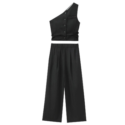 TRAF Moda femei vară cu un umăr fără mâneci vestă asimetrie Top cu talie înaltă pijama pantaloni plisați Set din două piese