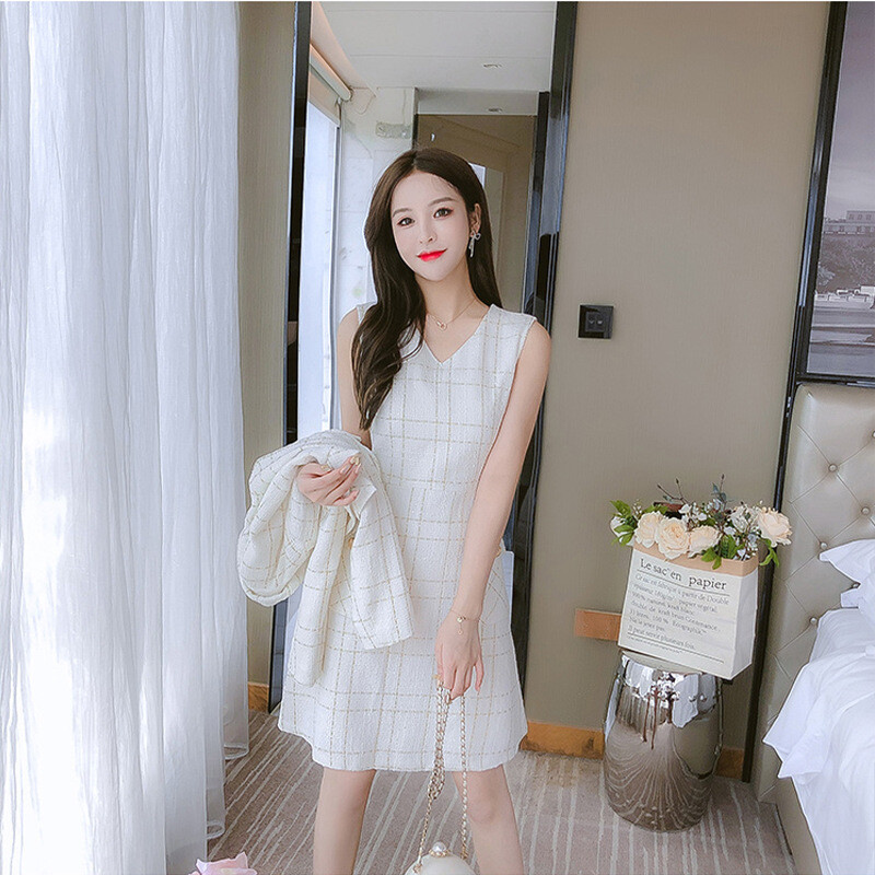 Blazer din tweed în carouri pentru femei Set 2 piese ținută elegantă de vânt cu parfum mic Jachetă decupată+rochii mini Costum pentru primăvară toamnă