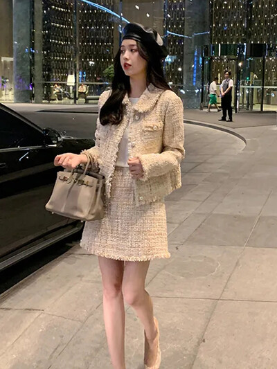 Y2k vilnas maisījuma eleganti svārki, 2 dab. Korejas vienrindas tvīda īss mētelis Conjuntos modes A līnijas vilnas īss Falda apģērbs