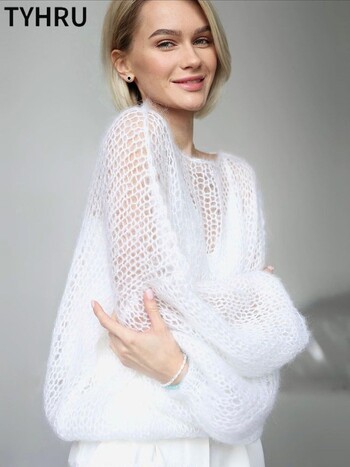 TYHRU Дамски плетени пуловери Lady Hollow out Mesh Thin Pullover See Through Look Sleeve Sleeve Loose Tops Smock