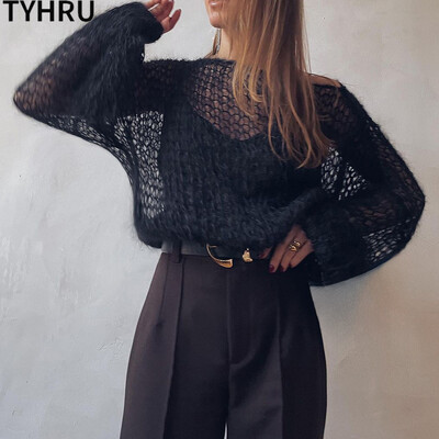 TYHRU női kötött pulóverek, női üreges hálós vékony pulóver átlátszó lámpás ujjú bő felsők smokk