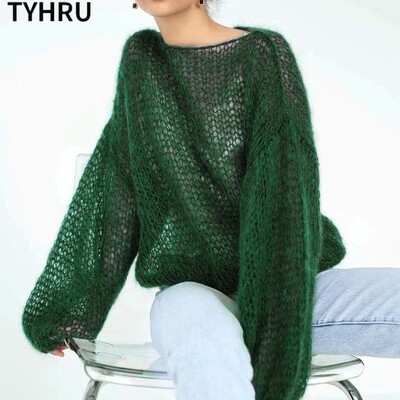 TYHRU női kötött pulóverek, női üreges hálós vékony pulóver átlátszó lámpás ujjú bő felsők smokk