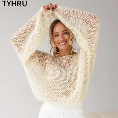 TYHRU női kötött pulóverek, női üreges hálós vékony pulóver átlátszó lámpás ujjú bő felsők smokk