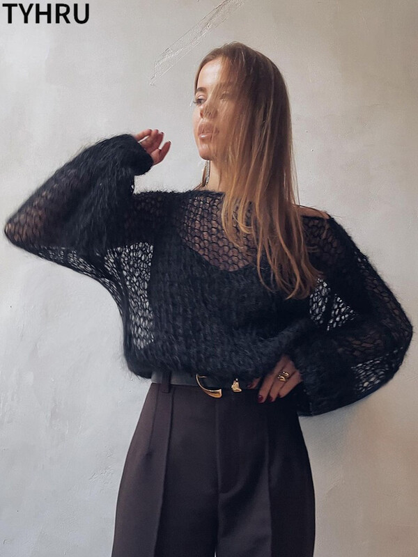 TYHRU női kötött pulóverek, női üreges hálós vékony pulóver átlátszó lámpás ujjú bő felsők smokk