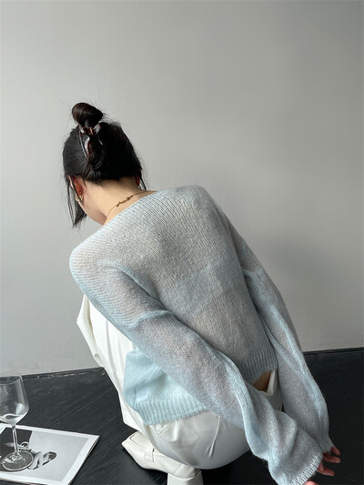 LANMREM õhuke kootud naiste kampsun, pikkade varrukatega ühevärviline läbipaistev pullover, naiste moetop 2024 kevadtalv 2R4360