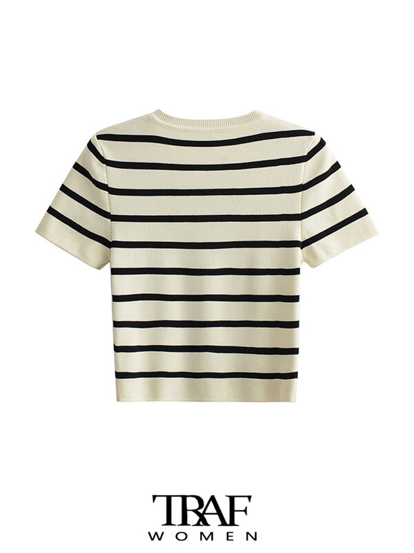 TRAF Ženski modni prugasti skraćivani pleteni pulover Vintage O izrez kratkih rukava Ženski puloveri Chic Topovi
