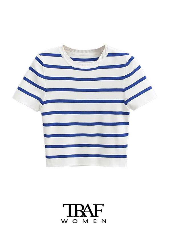 TRAF Ženski modni prugasti skraćivani pleteni pulover Vintage O izrez kratkih rukava Ženski puloveri Chic Topovi