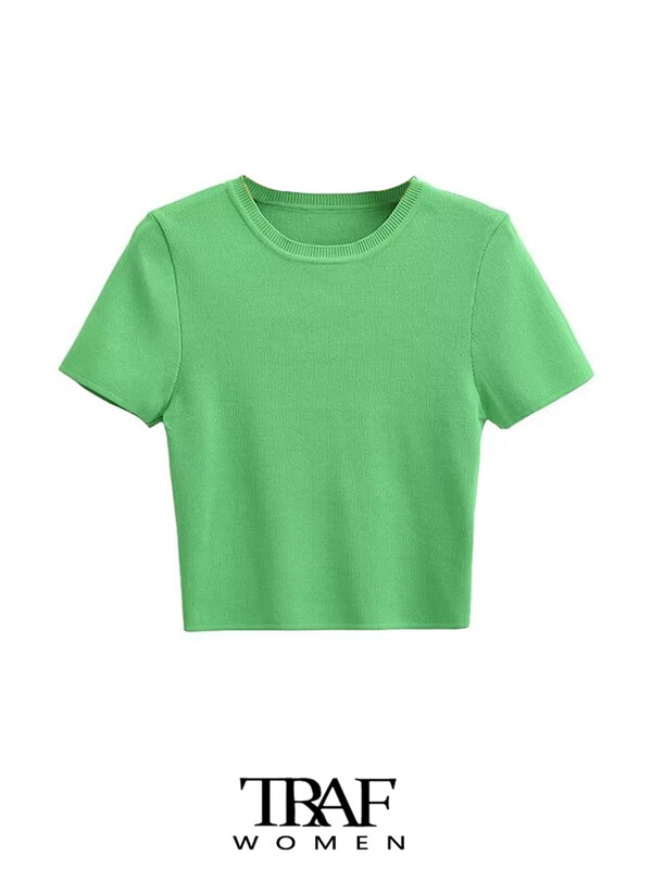 TRAF Ženski modni prugasti skraćivani pleteni pulover Vintage O izrez kratkih rukava Ženski puloveri Chic Topovi