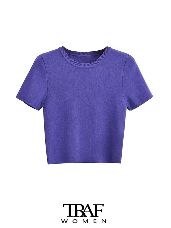 TRAF Ženski modni prugasti skraćivani pleteni pulover Vintage O izrez kratkih rukava Ženski puloveri Chic Topovi