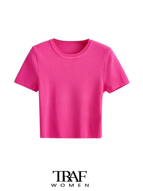 TRAF Ženski modni prugasti skraćivani pleteni pulover Vintage O izrez kratkih rukava Ženski puloveri Chic Topovi