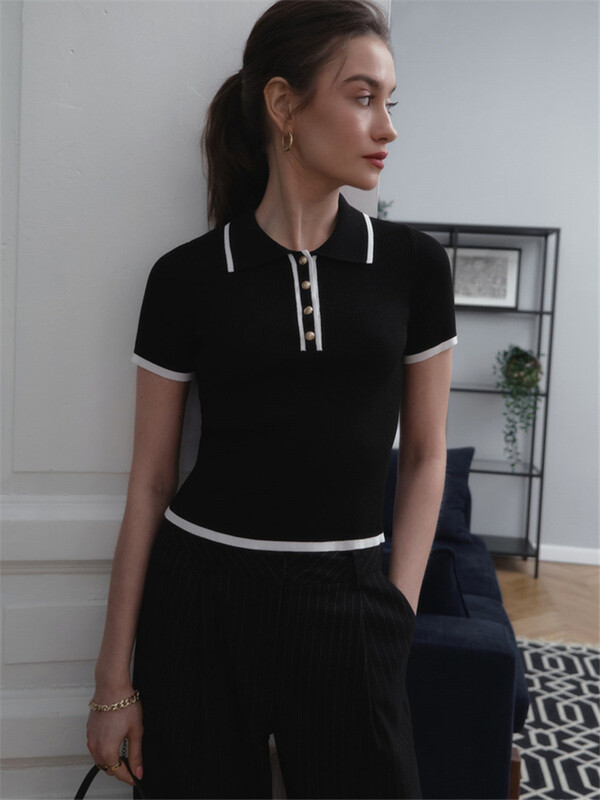 Tossy trikotāžas džemperis sieviešu džemperis ar īsām piedurknēm, raibs šaurs atloks, elegants kontrasts trikotāžas tops sievietēm, izdilis rievotais džemperis