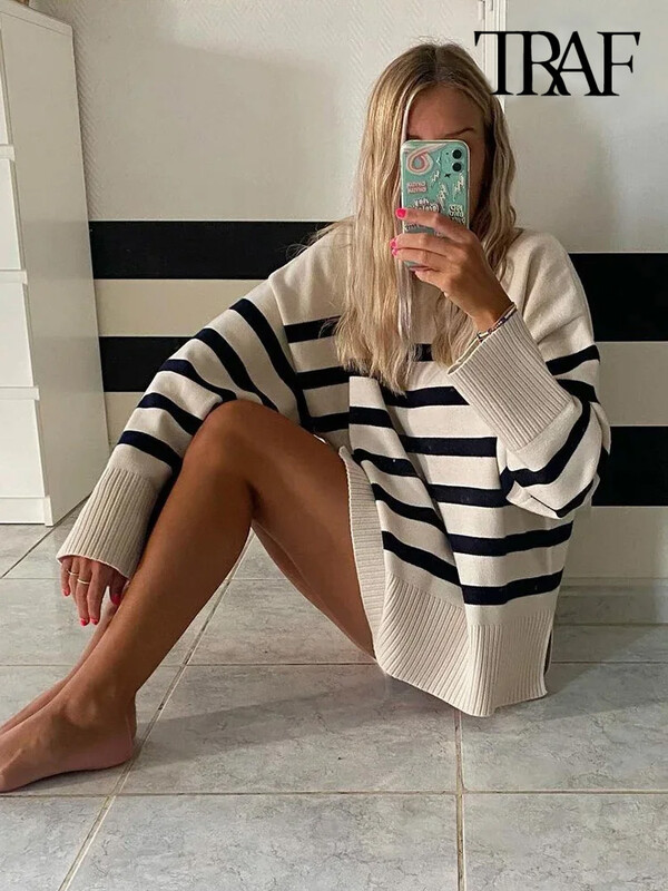 Pulovere de modă TRAF cu dungi supradimensionate, tricotate de bază, toamnă iarnă, pulovere groase, cu corp largi, pulovere, îmbrăcăminte pentru femei