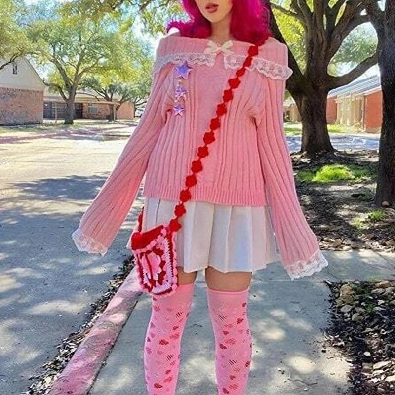 Grunge ženski pleteni pulover s otvorenim ramenima Ružičasti pulover Slatki puloveri s mašnom dugih rukava Čipkani patchwork džemper Y2k Streetwear