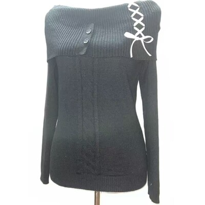 HOUZHOU Pulovere tricotate Vintage, elegante, de stradă, pentru femei, moda coreeană, bandaj cu fundă sexy, gât tăiat, pulover subțire, solid șic