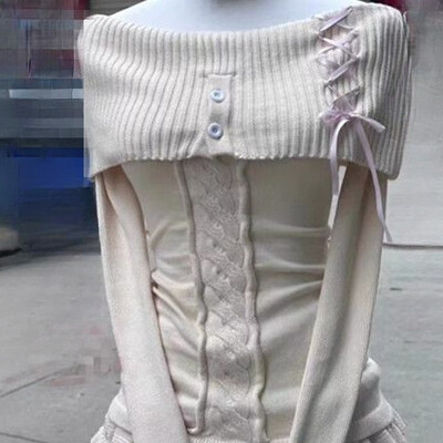 HOUZHOU Pulovere tricotate Vintage, elegante, de stradă, pentru femei, moda coreeană, bandaj cu fundă sexy, gât tăiat, pulover subțire, solid șic