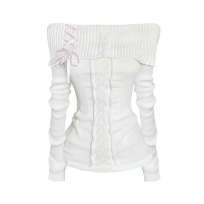 HOUZHOU Pulovere tricotate Vintage, elegante, de stradă, pentru femei, moda coreeană, bandaj cu fundă sexy, gât tăiat, pulover subțire, solid șic