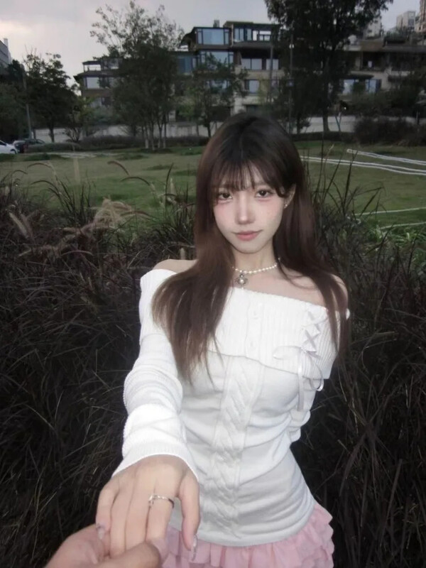 HOUZHOU Vintage, elegantni ulični pleteni puloveri, ženski korejski modni seksi zavoj s mašnom, tanki pulover s urezanim vratom, jednobojni šik