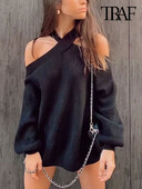 TRAF naiste mood avara kootud poolkaelusega kampsun Seksikas õlgadeta pikkade varrukatega naiste pulloverid šikkad topid