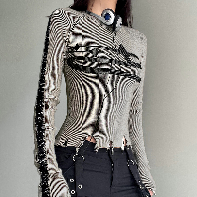 CIBBAR Pulover Vintage cu cusături rupte Pulovere Harajuku imprimeu Pulovere cu mânecă întreagă pentru femei Tricotaj de toamnă iarnă Îmbrăcăminte de stradă