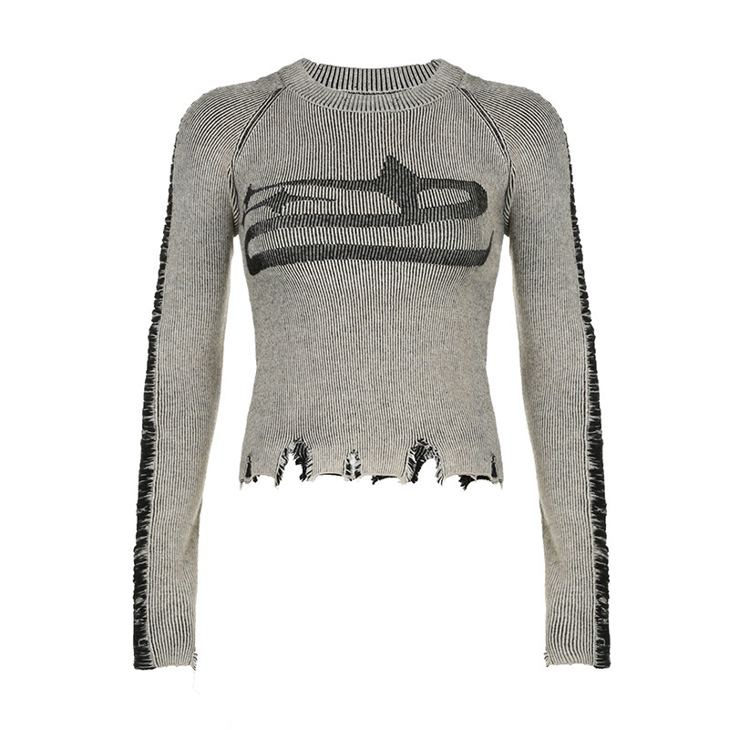 CIBBAR Pulover Vintage cu cusături rupte Pulovere Harajuku imprimeu Pulovere cu mânecă întreagă pentru femei Tricotaj de toamnă iarnă Îmbrăcăminte de stradă
