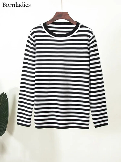 Bornladies pleteni prugasti pulover Ženski 2024 Jesen Zima Labavi ležerni debeli puloveri Ženski topli topovi s dugim rukavima s okruglim izrezom