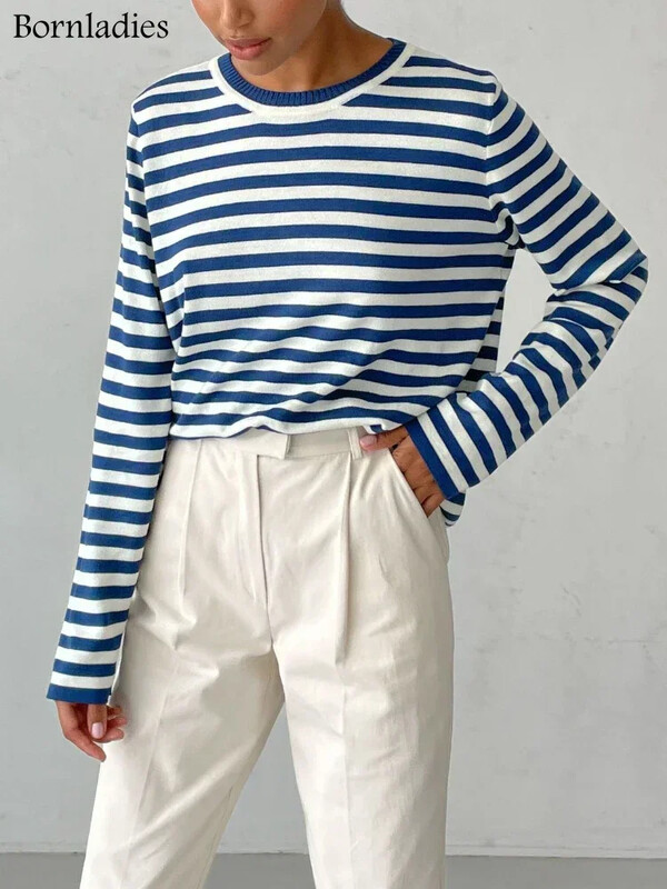 Bornladies pleteni prugasti pulover Ženski 2024 Jesen Zima Labavi ležerni debeli puloveri Ženski topli topovi s dugim rukavima s okruglim izrezom