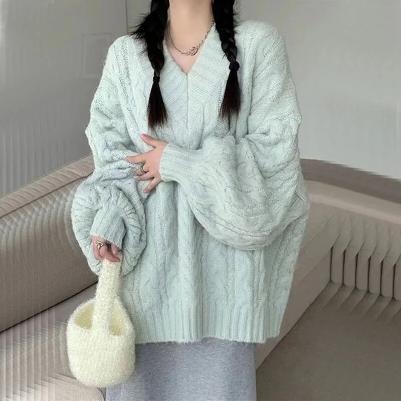 Rudens ziemas sieviešu džemperis Harajuku Lielizmēra trikotāžas džemperi Korejiešu garām piedurknēm V kakla trikotāža Preppy ciets, brīvs džemperis