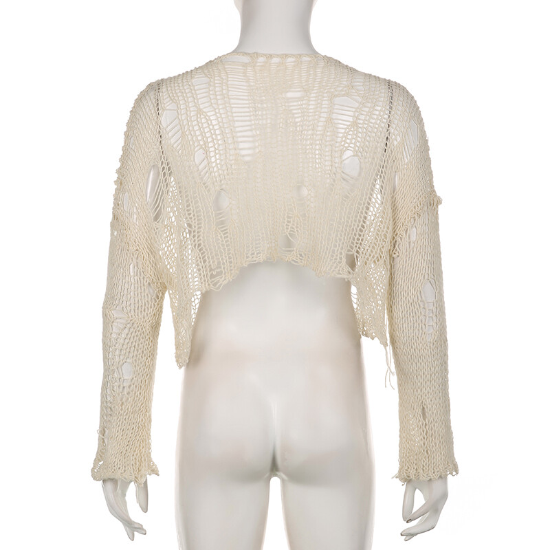 Darlingaga Bijeli Grunge pleteni ženski džemper s rupama Poderani pulover Crop Top Harajuku izdubljeni seksi ljetni džemper