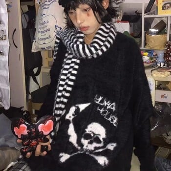 Karrram Gothic Skulls Sweater Grunge Dark Aesthetics Knitted Jumper V-deck Harajuku Loose Mohair Pullover Emo Alt Knitwear Y2k