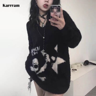 Karrram Gothic Skulls Džemperis Grunge Tumša Estētika Trikotāžas Džemperis V veida kakla izgriezumā Harajuku Loose Mohēra Pulovers Emo Alt Trikotāža Y2k