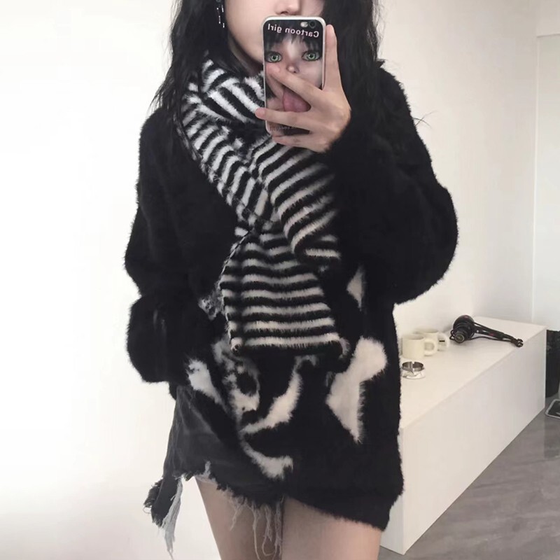 Karrram Gothic Skulls Džemperis Grunge Tumša Estētika Trikotāžas Džemperis V veida kakla izgriezumā Harajuku Loose Mohēra Pulovers Emo Alt Trikotāža Y2k