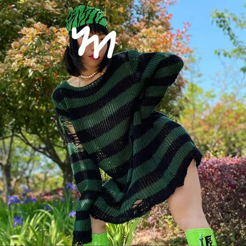 Nauji violetiniai dryžuoti gotikiniai megztiniai, moteriški, plėšyti, palaidi megzti megztiniai, nutrinti fėjos grunge džemperiai Emo gatvės apranga Lolita