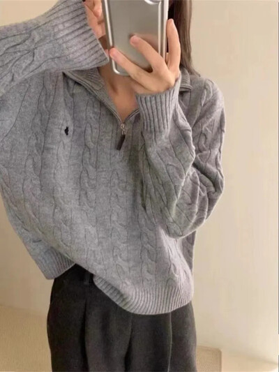 HOUZHOU Y2k Vintage Streetwear Pleteni puloveri Ženski korejski stil Ležerni Losse patentni zatvarač Jednobojni vezni pulover Jesen 2024.