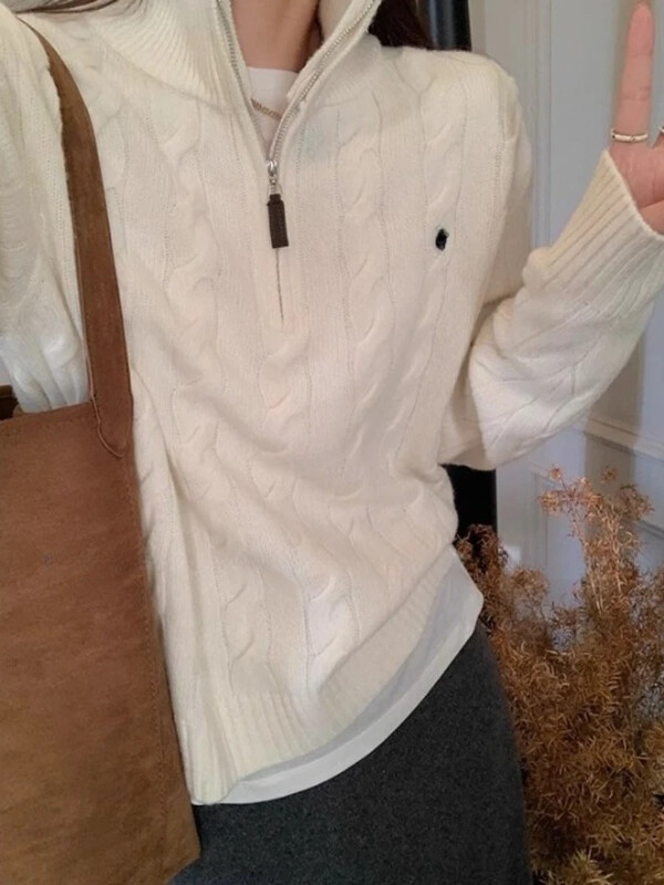 HOUZHOU Y2k Vintage Streetwear Pleteni puloveri Ženski korejski stil Ležerni Losse patentni zatvarač Jednobojni vezni pulover Jesen 2024.