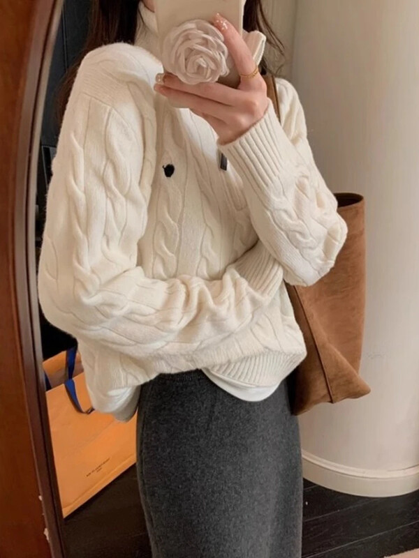 HOUZHOU Y2k Vintage Streetwear Pleteni puloveri Ženski korejski stil Ležerni Losse patentni zatvarač Jednobojni vezni pulover Jesen 2024.