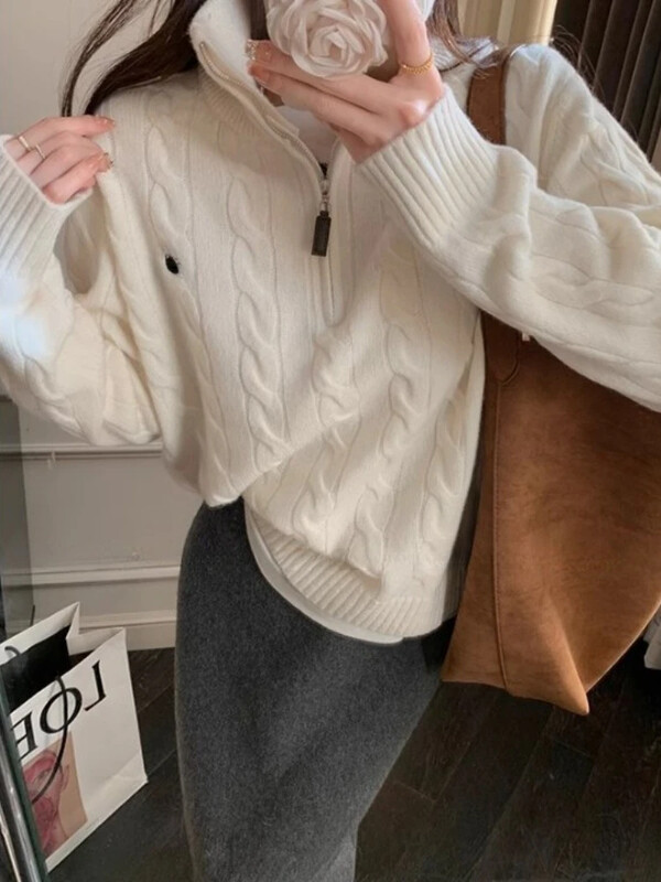 HOUZHOU Y2k Vintage Streetwear Pleteni puloveri Ženski korejski stil Ležerni Losse patentni zatvarač Jednobojni vezni pulover Jesen 2024.