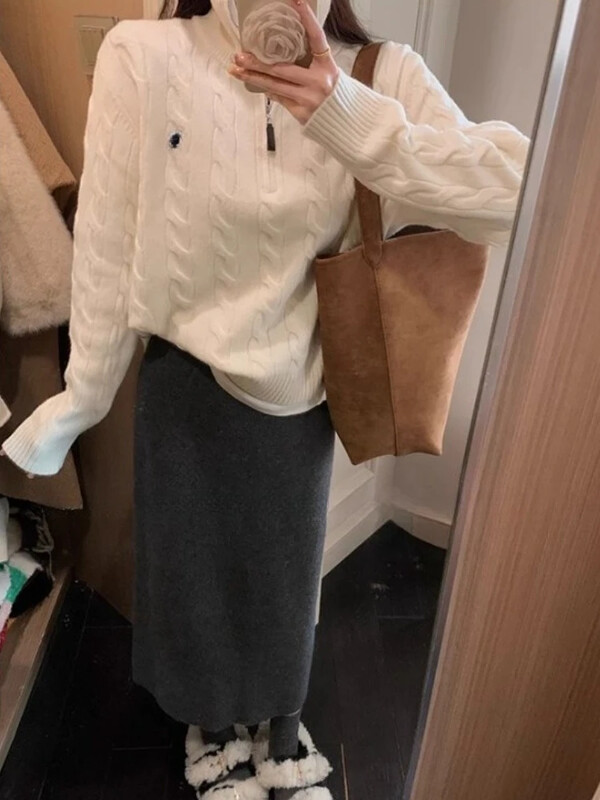 HOUZHOU Y2k Vintage Streetwear Pleteni puloveri Ženski korejski stil Ležerni Losse patentni zatvarač Jednobojni vezni pulover Jesen 2024.