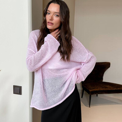 Κομψά πλεκτά πουλόβερ γυναικεία φαρδιά μακρυμάνικη λαιμόκοψη See Through Jumper 2024 Καλοκαίρι Y2k Chic Lady Beach πουλόβερ