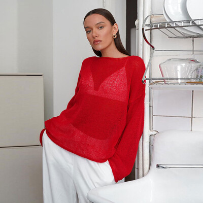 Κομψά πλεκτά πουλόβερ γυναικεία φαρδιά μακρυμάνικη λαιμόκοψη See Through Jumper 2024 Καλοκαίρι Y2k Chic Lady Beach πουλόβερ