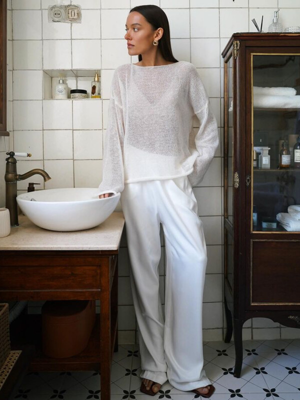 Κομψά πλεκτά πουλόβερ γυναικεία φαρδιά μακρυμάνικη λαιμόκοψη See Through Jumper 2024 Καλοκαίρι Y2k Chic Lady Beach πουλόβερ