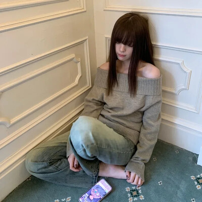 Deeptown Vintage Γυναικείο πουλόβερ σε Ιαπωνικό Στιλ Πλεκτό Πλεκτό με μακριά σέξι ώμους Y2k μακρυμάνικο πουλόβερ με κάθετο λαιμό Causal Harajuku