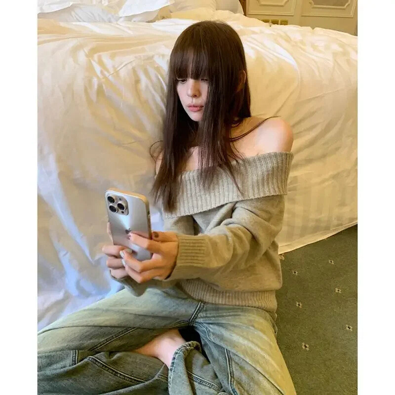 Deeptown Vintage Γυναικείο πουλόβερ σε Ιαπωνικό Στιλ Πλεκτό Πλεκτό με μακριά σέξι ώμους Y2k μακρυμάνικο πουλόβερ με κάθετο λαιμό Causal Harajuku