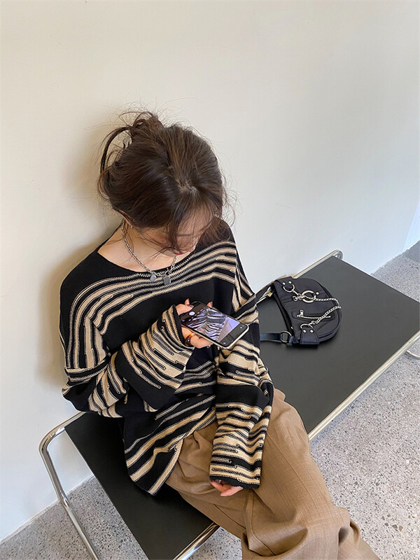 LMQ NOVO Ženski punk gotički prugasti pulover dugih rukava široki patchwork pulover Hip hop retro preveliki pulover Ležerni pleteni džemper