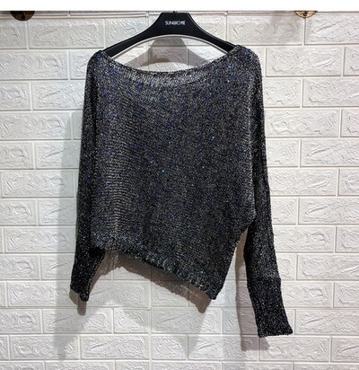 Nepravilna zakošena ramena izdubljena Pleteni kaput Jesenska odjeća za žene 2021. Modni seksi estetski pulover sa šljokicama