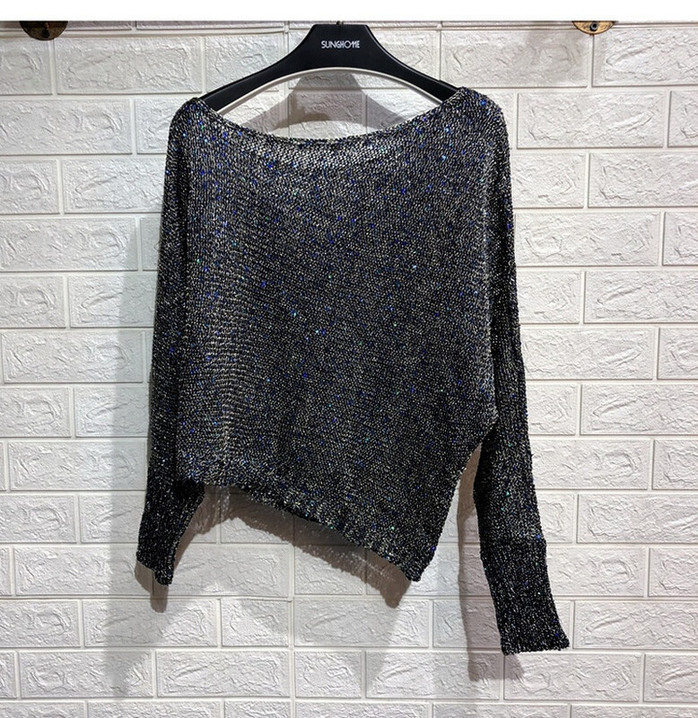 Nepravilna zakošena ramena izdubljena Pleteni kaput Jesenska odjeća za žene 2021. Modni seksi estetski pulover sa šljokicama