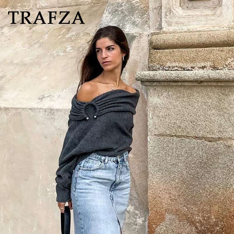 TRAFZA 2024, toamnă iarnă, pentru femei, ocazional, tricotat, pulovere la modă cu gât tăiat, solid, gros, cald, elegant, șic