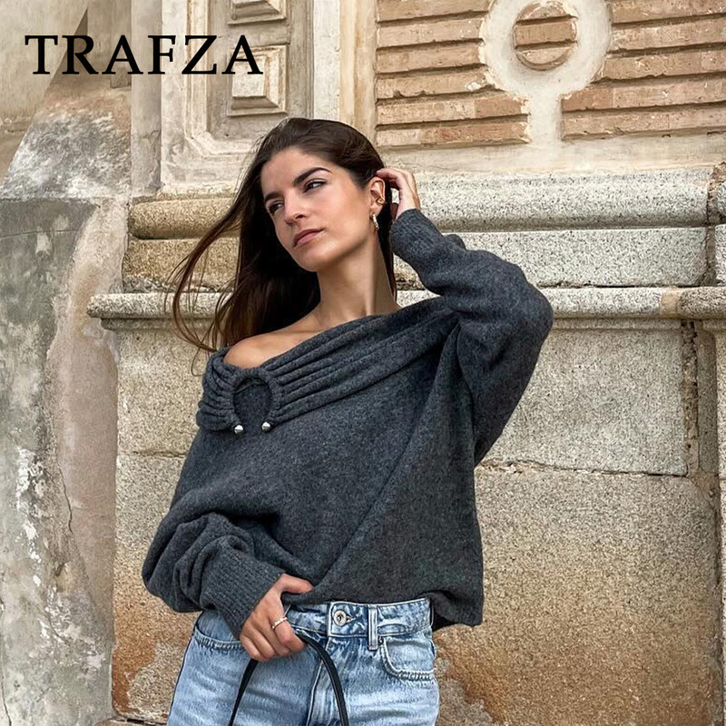 TRAFZA 2024, toamnă iarnă, pentru femei, ocazional, tricotat, pulovere la modă cu gât tăiat, solid, gros, cald, elegant, șic